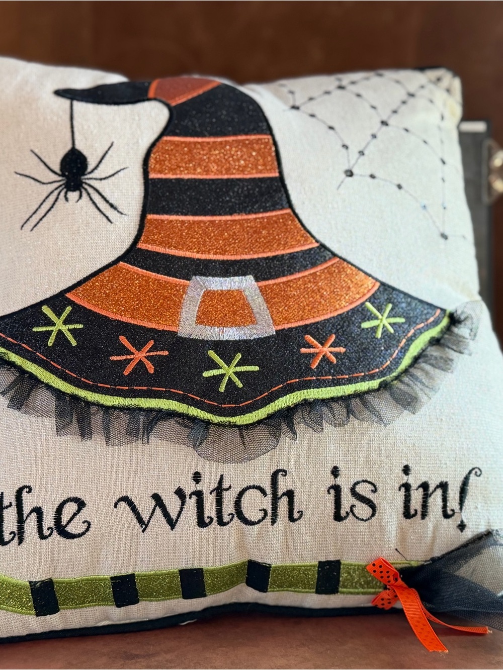 Glitter Witch Hat Holiday Pillow - Orange, Black, Green